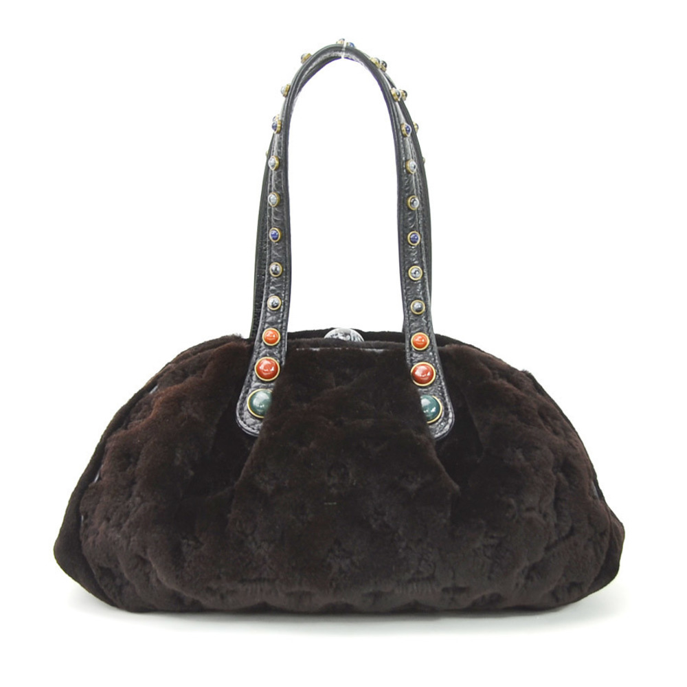 Louis Vuitton Cabochon Demi Lune Mink Fur Leather Handbag Brown